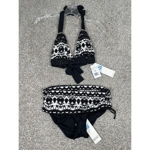 Badgley‎ Mischka Black/White Braided 2 Piece Halter Bikini Top/Bottoms Sz 6 NWT
